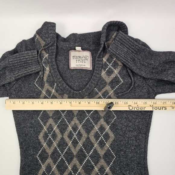 Esprit Womens Sweater Dress Wool Blend Argyle Gray Tan Angora Rabbit Hair Hood S - Picture 7 of 12
